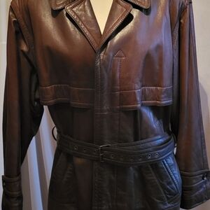 Men's Classic Brown Leather Trench Coat